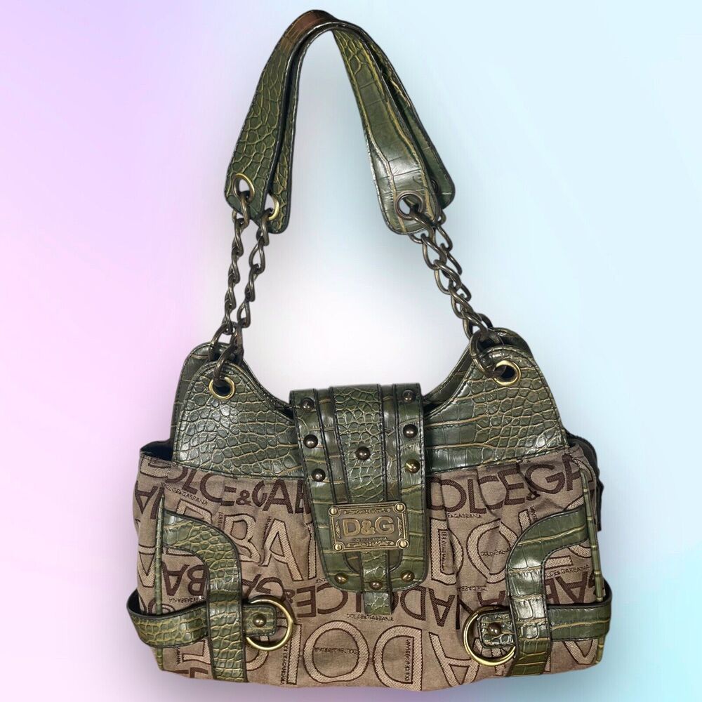 Dolce&Gabbana Shoulder Bag Designer Purse Brown Fabric w/ Green Textured Leather